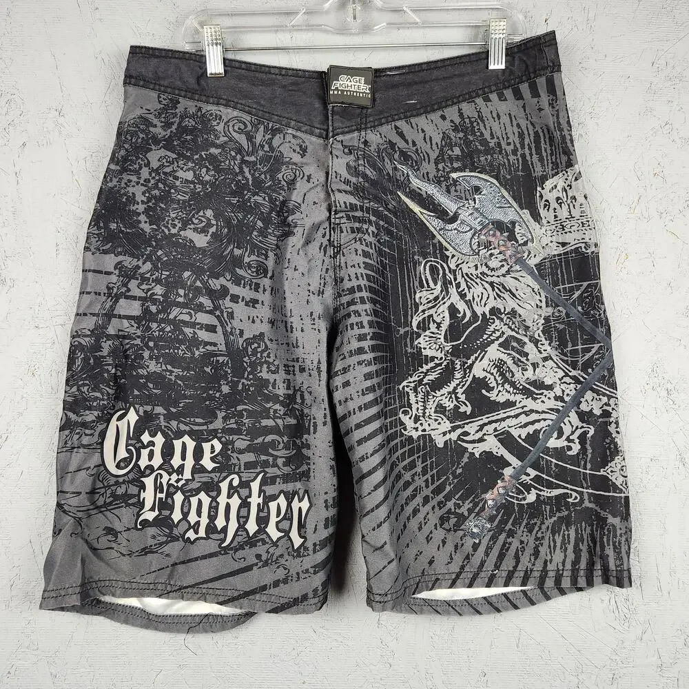 Cage Fighter MMA Authentic Shorts Mens 34 Black Graphic Fight Trunks Graphic